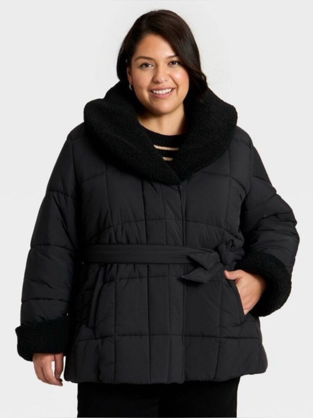 Ava & Viv - Women's Belted Faux Shearling Puffer Jacket